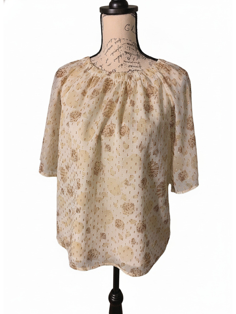 LOFT Medium Cream Sheer Blouse with Gold Accents and Open Back